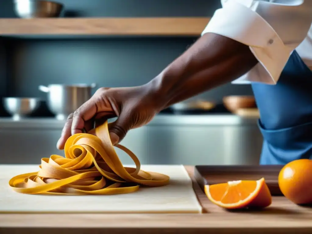 Manos expertas en la cocina italiana mezclan sabores africanos en una escena culinaria moderna