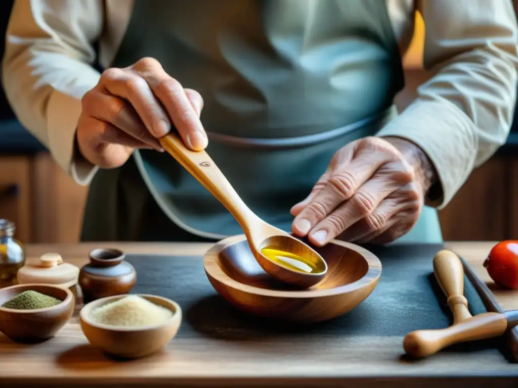 Manos expertas cuidando una cuchara de madera italiana, resaltando la importancia del cuidado de utensilios de cocina italiana