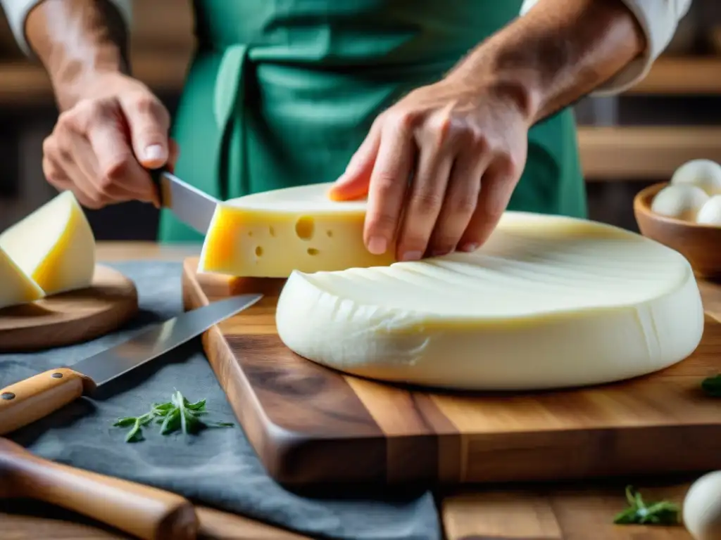 Manos expertas moldean con cuidado capas de mozzarella fresca para una sfoglia, resaltando la tradición culinaria italiana