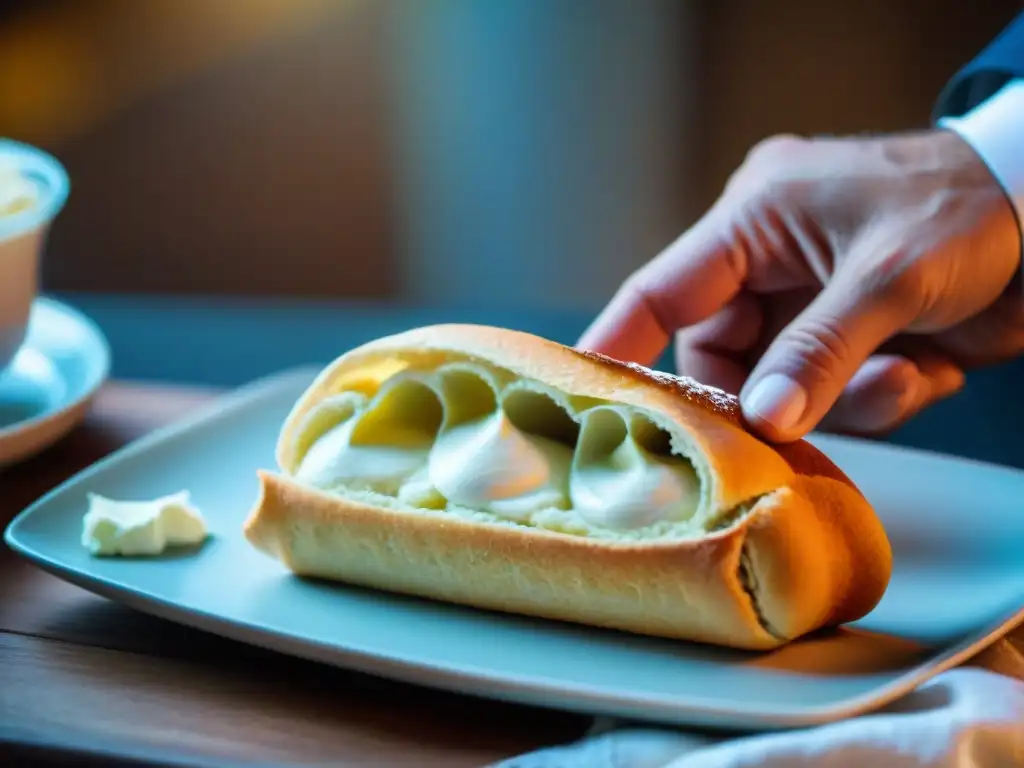 Unas manos expertas rellenan con cuidado una cáscara de Cannoli siciliano, mostrando la artesanía tradicional en 'Cómo hacer Cannoli siciliano'