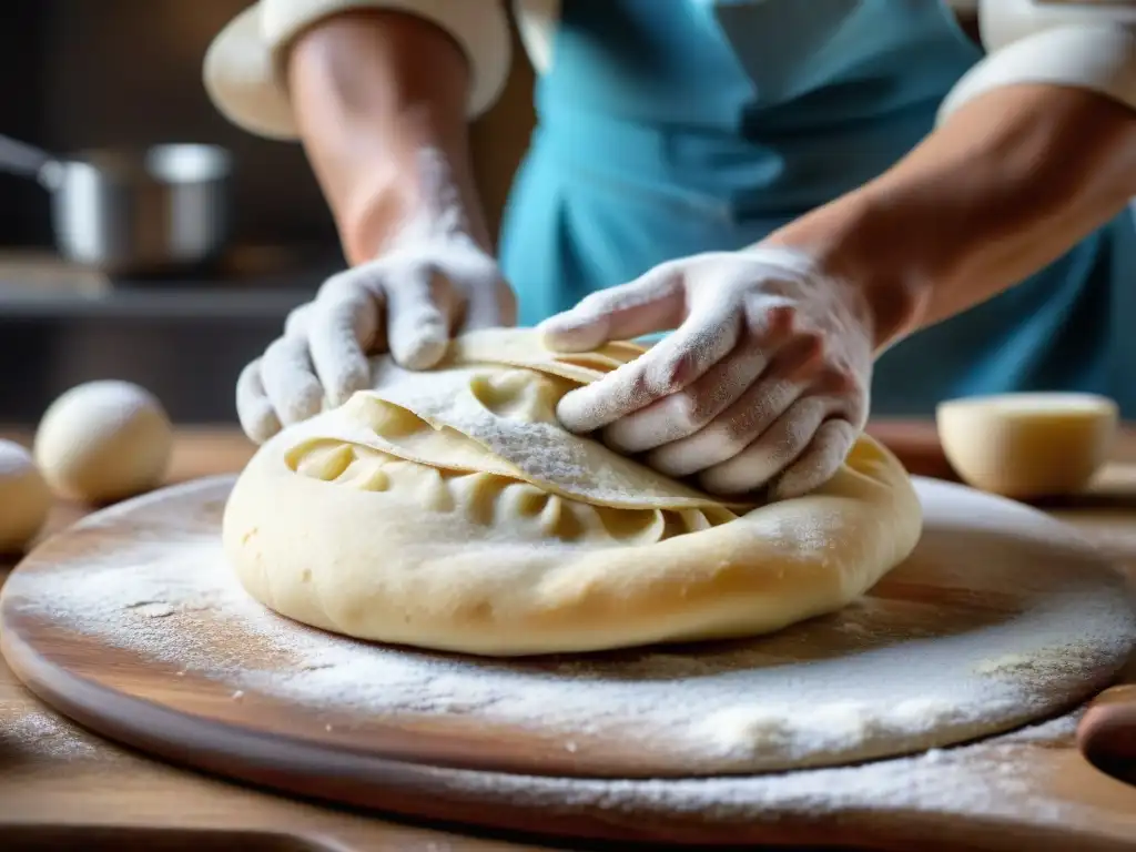 Unas manos expertas amasan con destreza una masa para Piadina Romagnola receta tradicional, en un entorno rústico de cocina