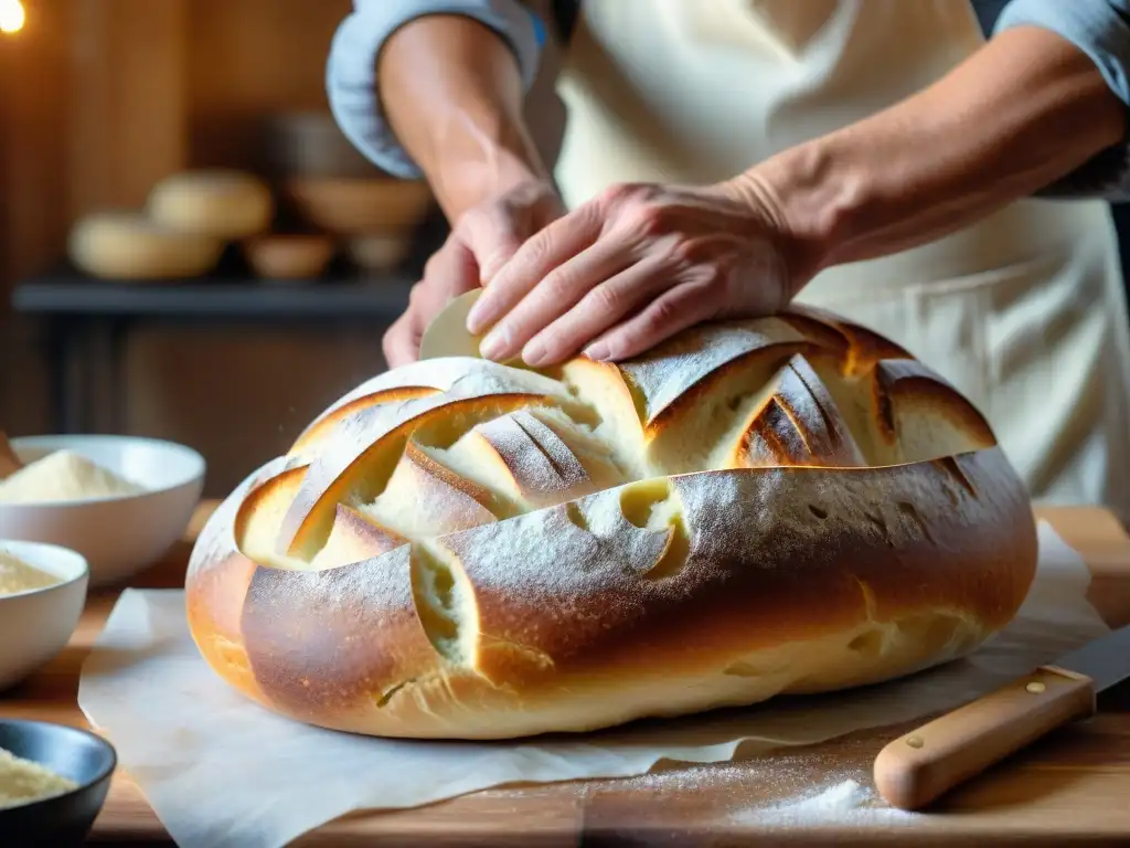 Unas manos expertas moldeando con destreza una masa madre italiana, rodeadas de herramientas de panadería tradicionales