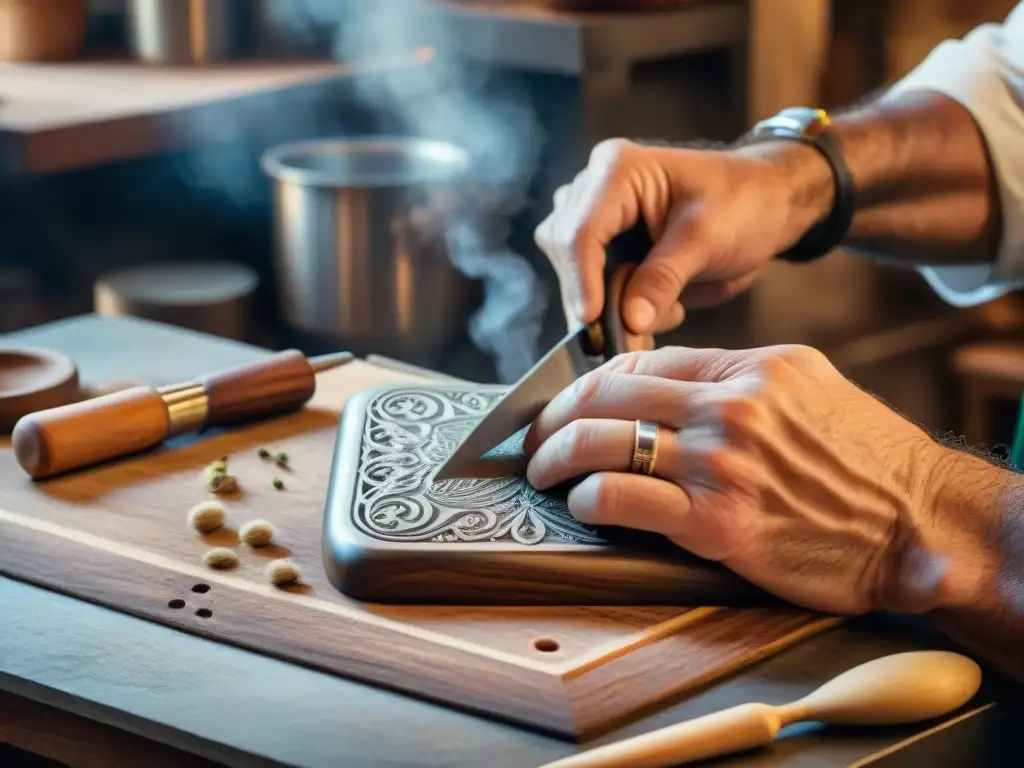 Manos expertas grabando diseño italiano en utensilio de cocina personalizado en taller artesano