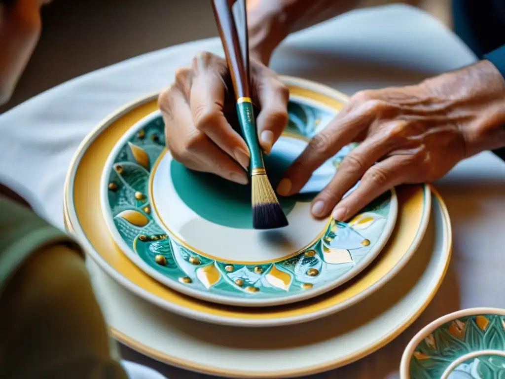 Manos expertas pintando diseños en plato de cerámica italiana