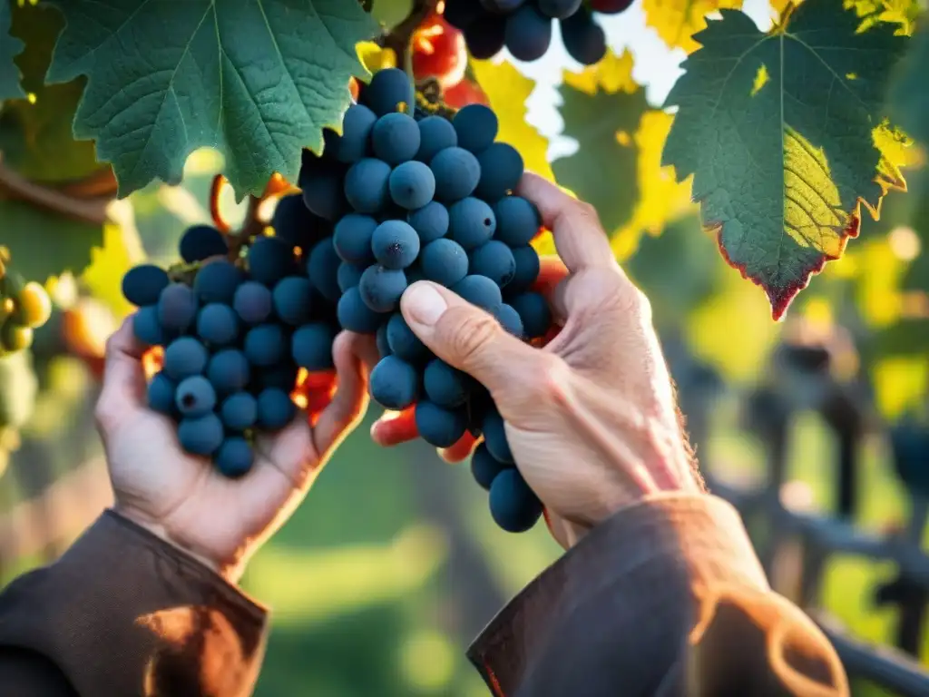 Detalles de la vendimia en Toscana: manos del enólogo italiano Manos expertas de enólogo italiano inspeccionando uvas Sangiovese en viñedo tradicional en Toscana