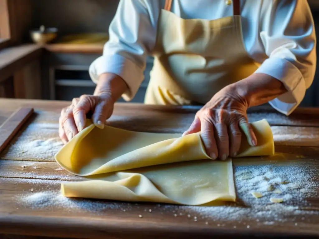 Manos expertas de nonna amasan finas láminas de pasta en mesa de madera