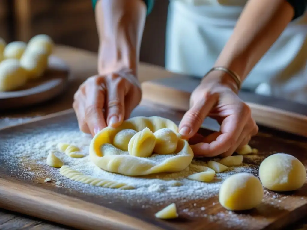 Unas manos expertas moldean gnocchi caseros de patata con delicadeza, sobre una superficie rústica