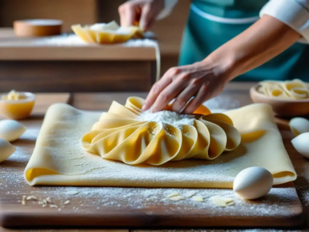 Unas manos expertas italianas trabajan la masa fresca para pasta, mostrando las técnicas de cocina de pasta fresca en un entorno rústico