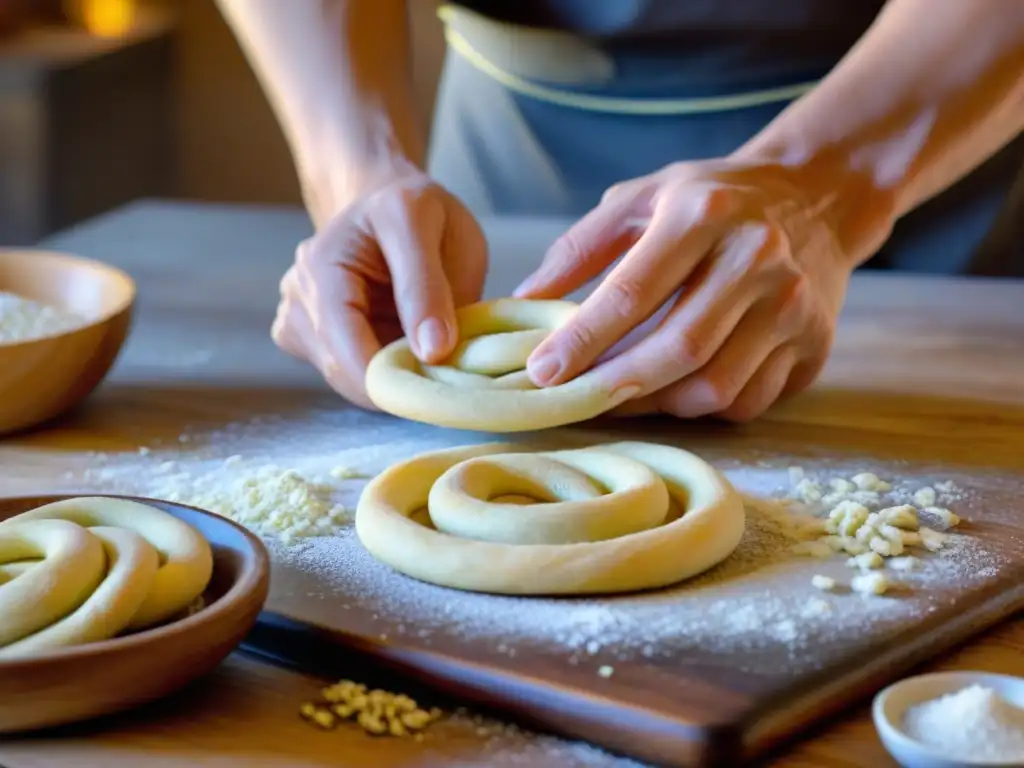 Unas manos expertas moldeando taralli italiano, en una cocina rústica con ingredientes tradicionales