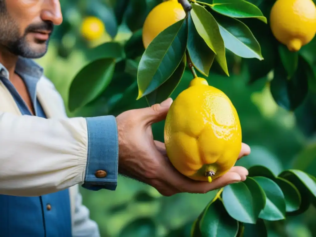 Manos expertas seleccionando limones maduros en un árbol soleado en Sorrento, revelando los Secretos del Limoncello en Sorrento