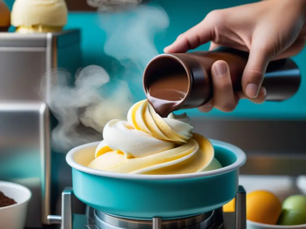 Las manos expertas de un maestro italiano creando gelato, fusionando sabores en una máquina tradicional