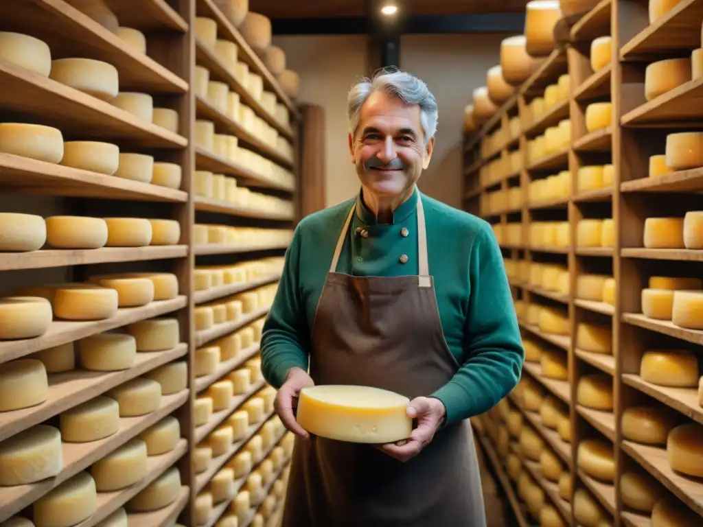 Las manos expertas de un maestro quesero examinan las ruedas de Grana Padano en una bodega italiana: Queso italiano tradicional