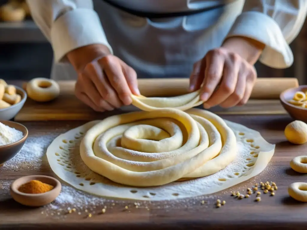 Manos expertas moldeando masa de taralli en Apulia, resaltando la tradición