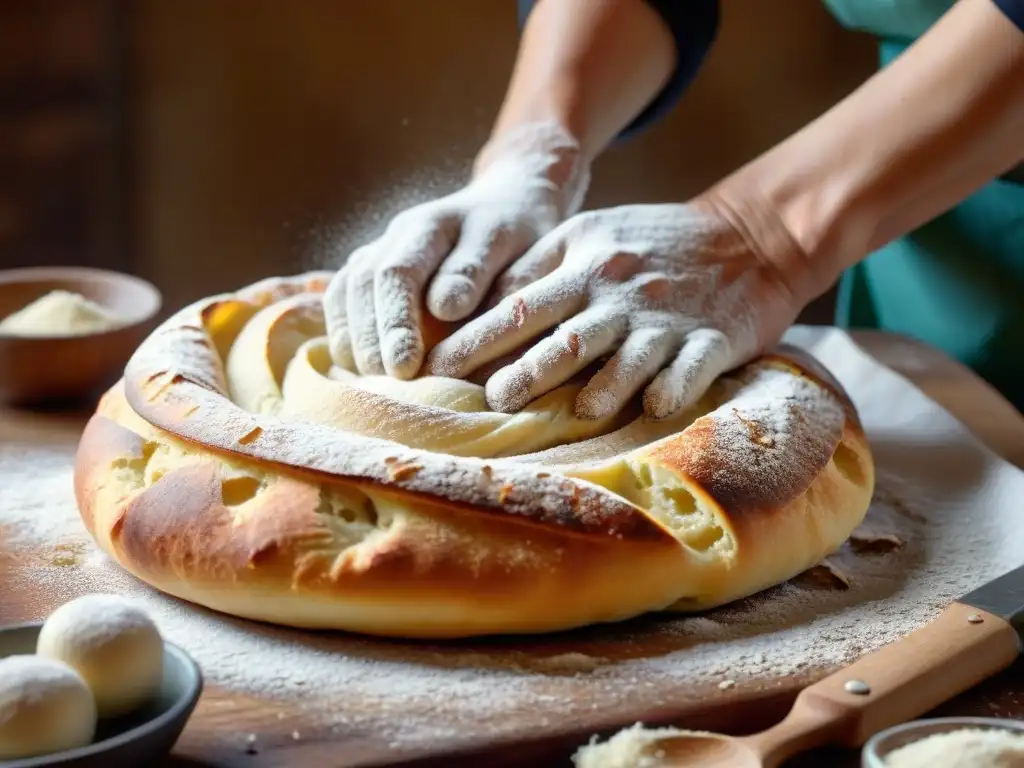 Manos expertas amasan la masa elástica para Focaccia Genovese en una cocina rústica