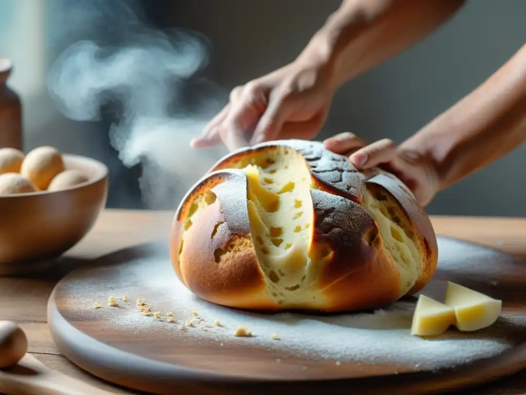 Unas manos expertas amasando una masa elástica para panettone casero, con harina esparcida y luz natural realzando los detalles