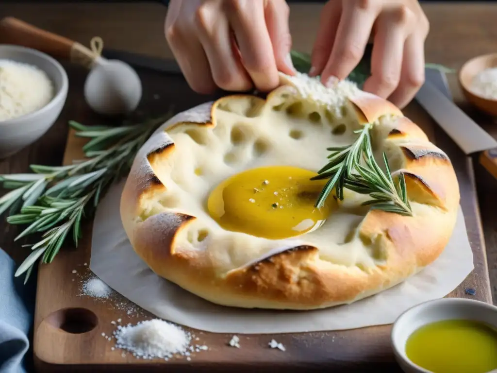 Manos expertas moldeando masa de focaccia italiana receta tradicional en superficie de madera, con ingredientes frescos listos para agregar