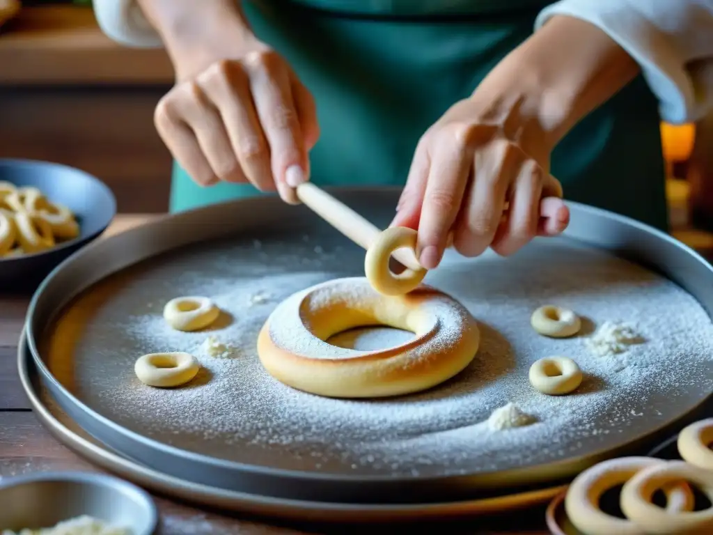 Manos expertas moldeando masa de taralli en formas tradicionales, ambiente acogedor de cocina rústica