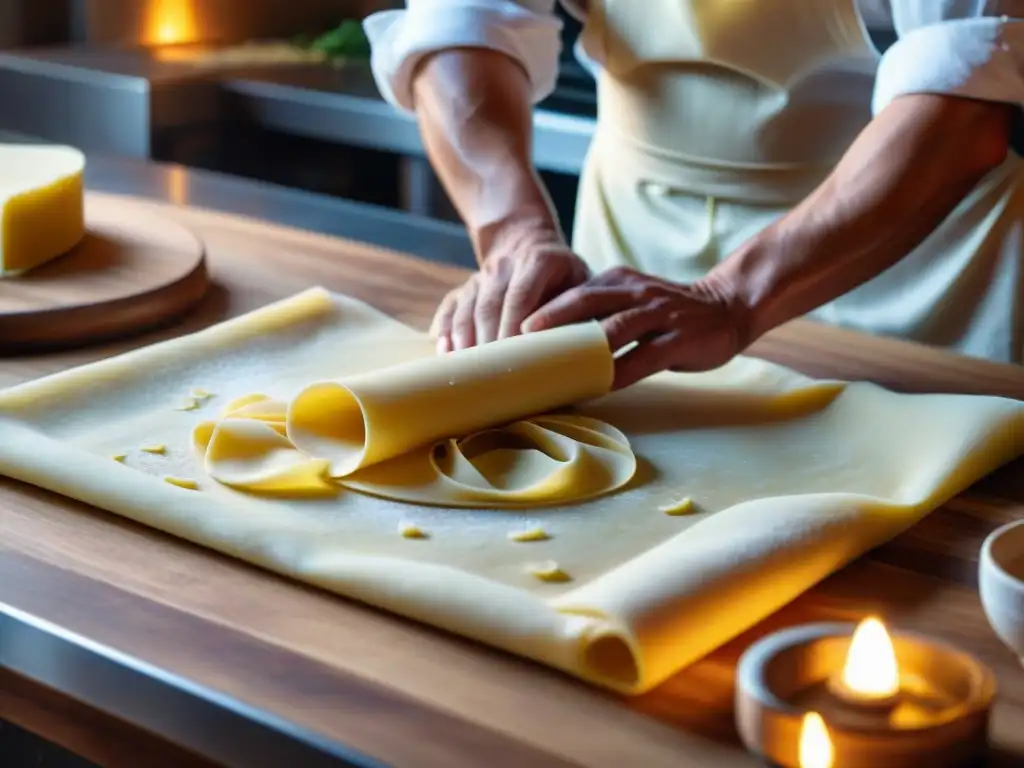 Manos expertas enrollan masa fresca para pasta en un curso de cocina italiana, capturando la precisión y arte culinario