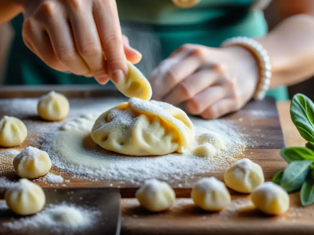 Manos expertas moldeando la masa de gnocchi caseros de patata, resaltando su textura y detalle artesanal