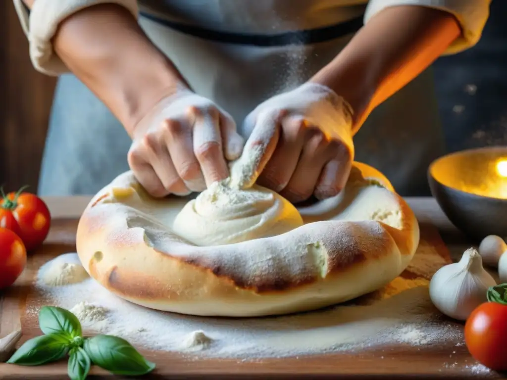 Unas manos expertas trabajan la masa madre en pizza tradicional, en una escena artesanal y llena de textura