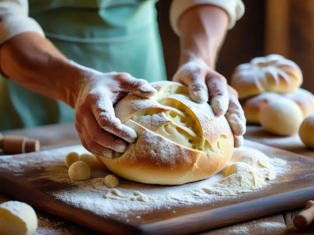 Manos expertas amasan masa de pan en un antiguo horno italiano