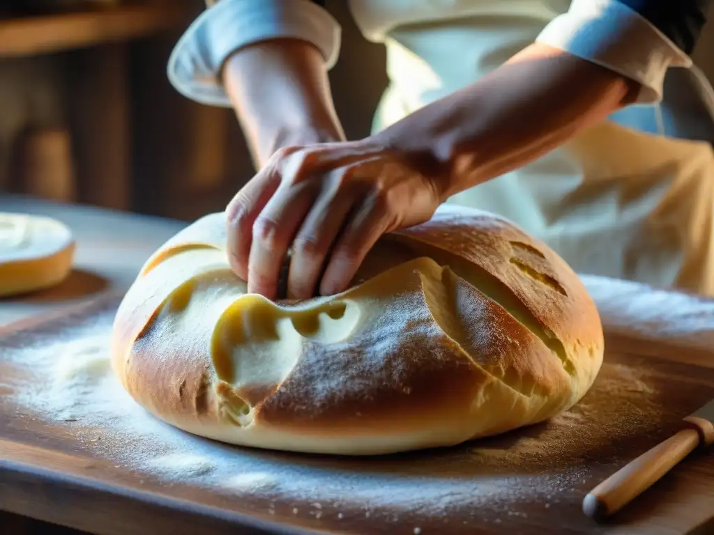 Manos expertas amasan masa en panadería italiana, mostrando la artesanía de 'Origen y expansión del pan italiano'