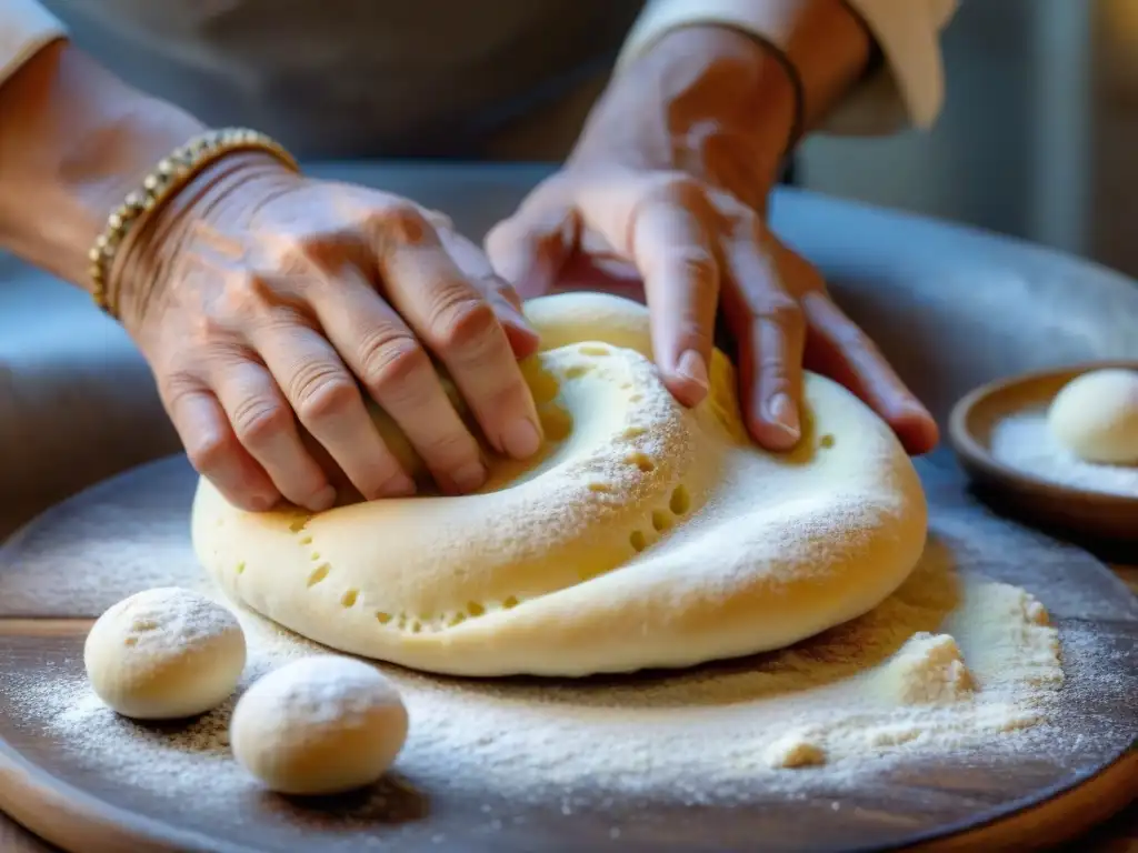 Manos expertas moldeando masa Pane Pugliese, capturando la esencia de la receta auténtica del sur de Italia