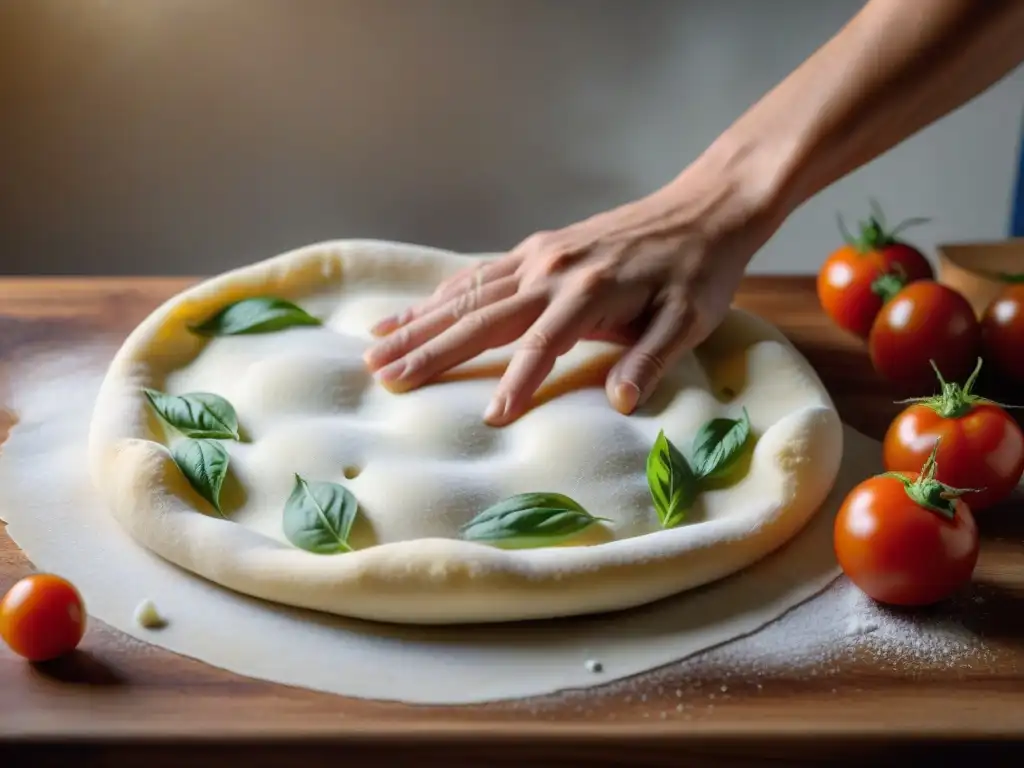 Manos expertas moldeando masa de pizza en cocina italiana