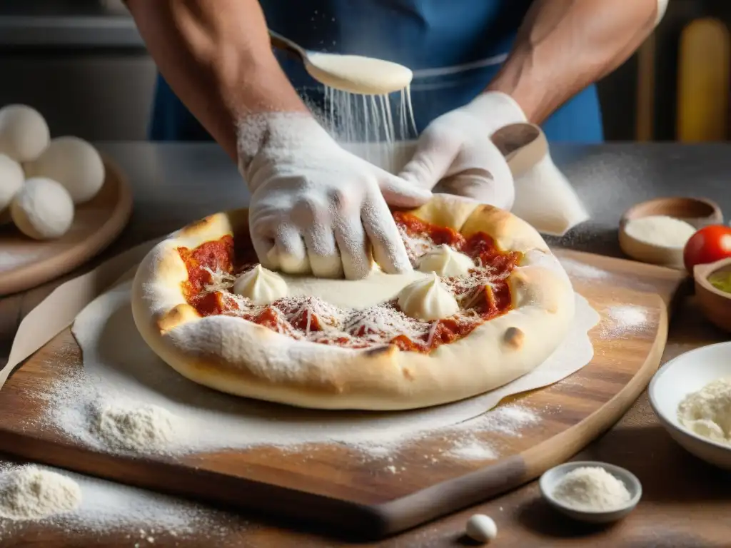 Unas manos expertas trabajando la masa de pizza con destreza, creando una base perfecta en una cocina rústica