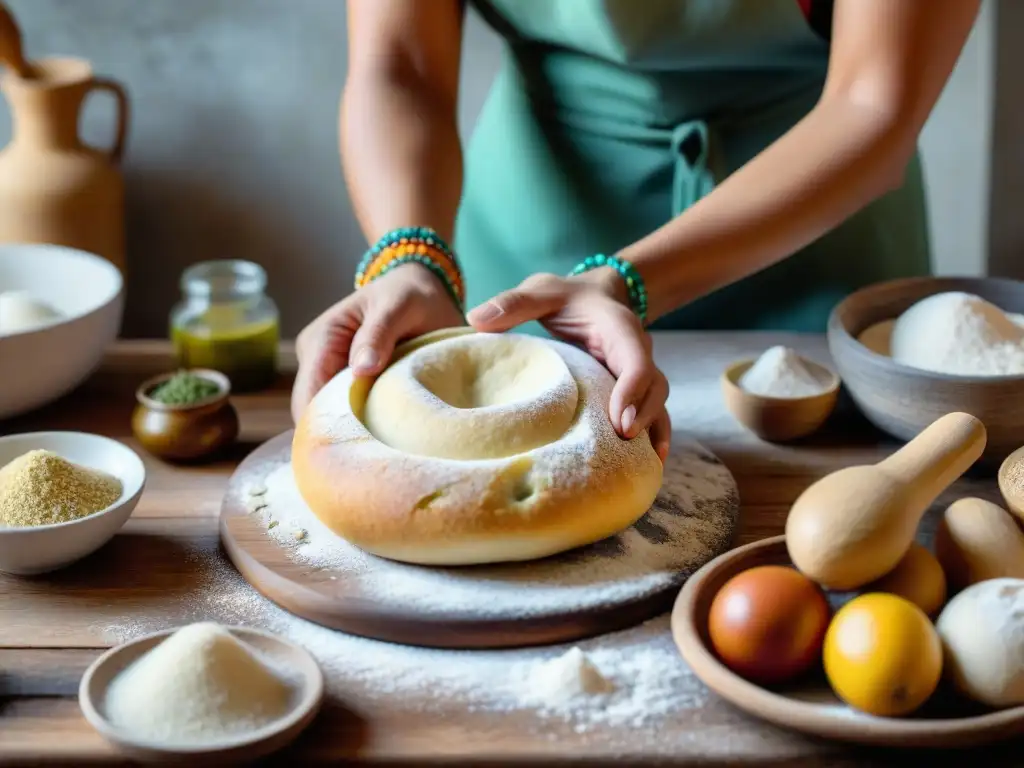 Unas manos expertas amasan la masa para Puccia Salentina en una cocina rústica, resaltando la autenticidad de la receta tradicional