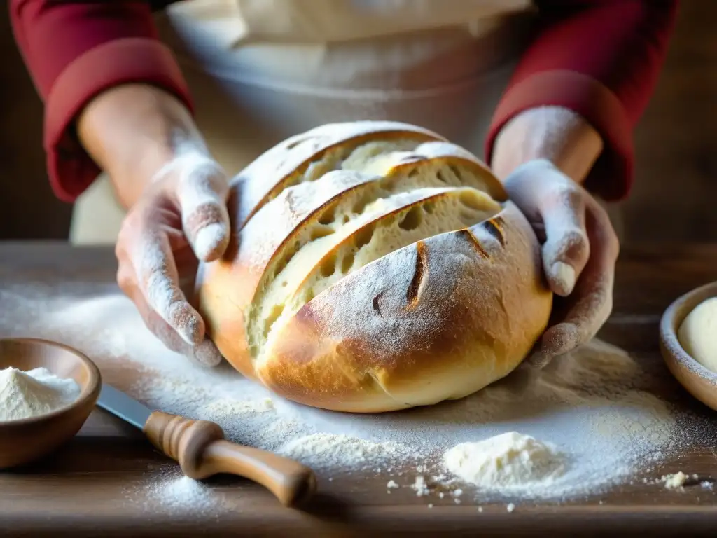 Manos expertas amasan la masa para Receta auténtica pane pugliese, mostrando la artesanía italiana en un ambiente cálido