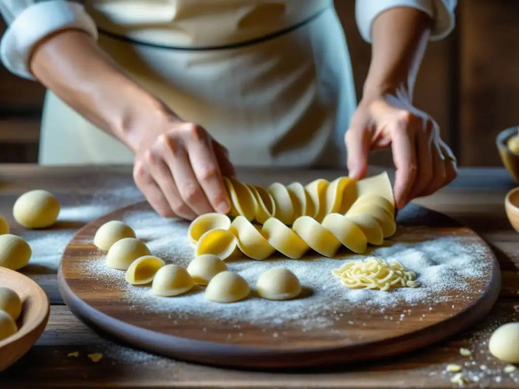 Manos expertas moldeando orecchiette en masa, destacando la tradición culinaria