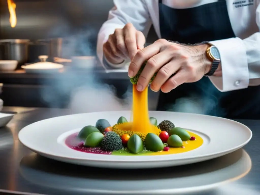 Manos expertas de Massimo Bottura en su cocina, plasmando su arte culinario