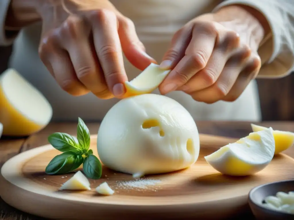 Unas manos expertas moldean mozzarella fresca en una bola brillante sobre madera rústica