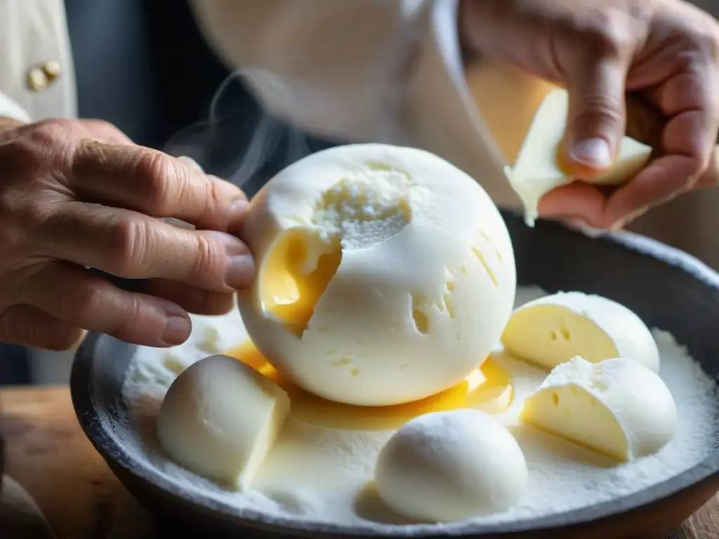 Manos expertas moldeando mozzarella fresca en una escena nostálgica de la producción artesanal de quesos italianos