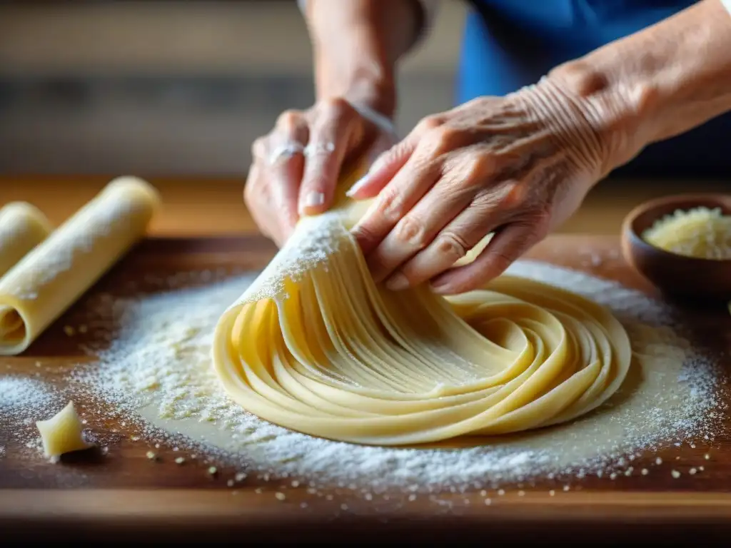 Manos expertas de una nonna italiana amasando pasta fresca en tabla de madera