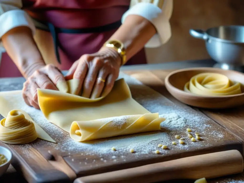 Manos expertas de una nonna italiana rodando masa fresca en mesa rústica, conservación de cocina italiana tradicional