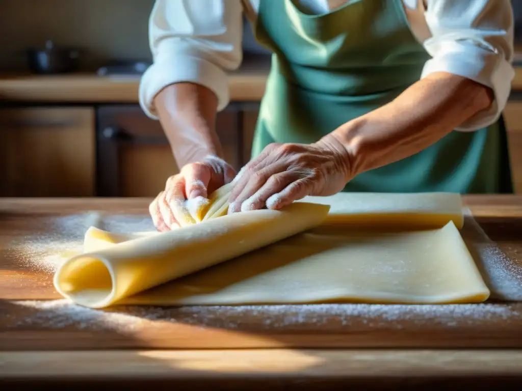 Manos expertas de una nonna italiana elaborando pasta casera, en ambiente rústico y cálido
