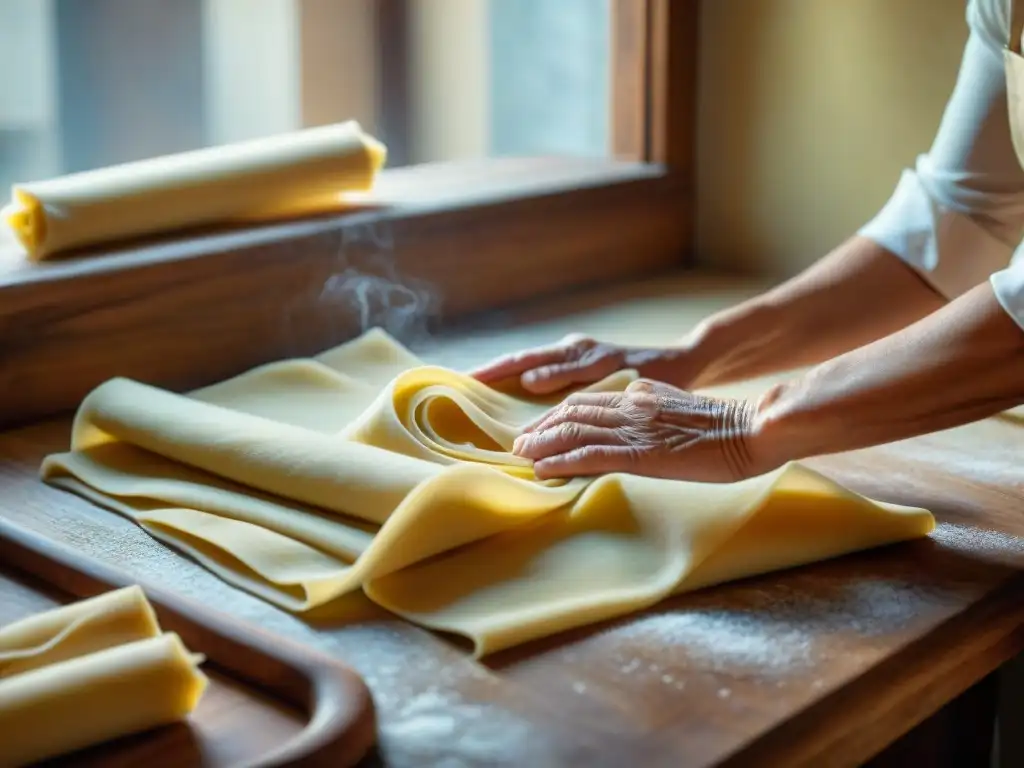 Manos expertas de una nonna italiana haciendo pasta fresca, resaltando la artesanía culinaria italiana