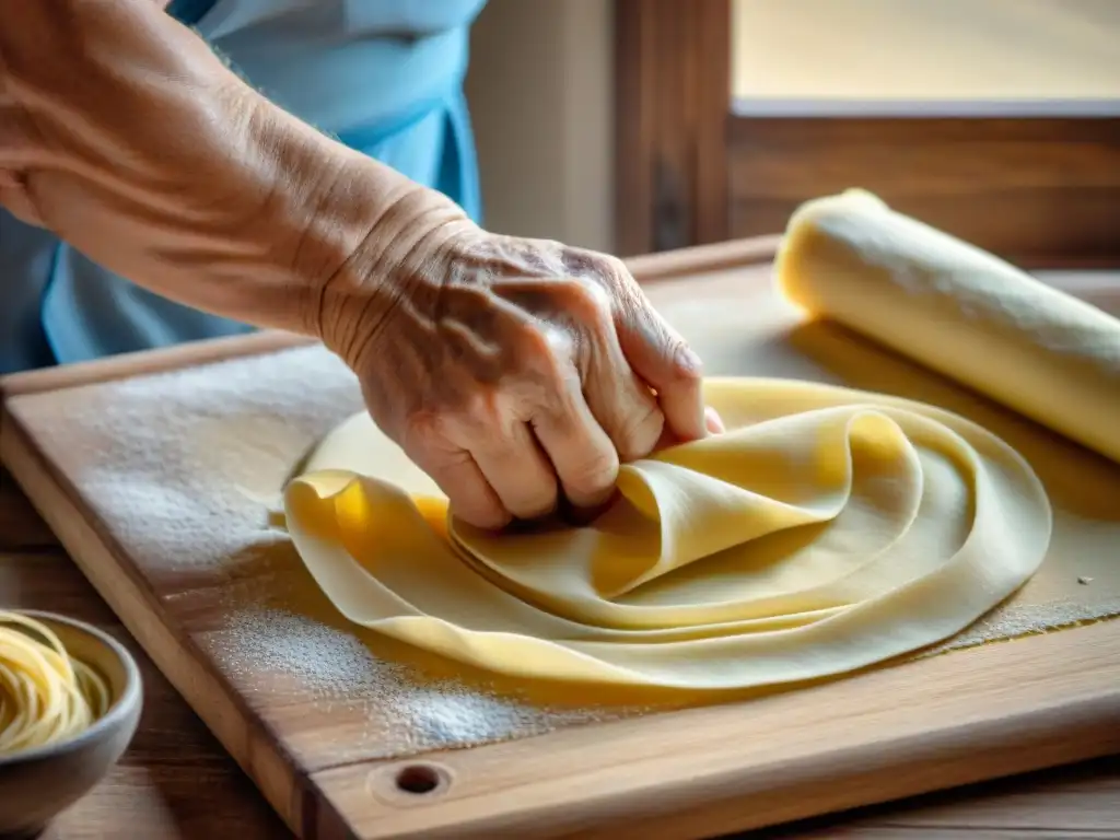 Manos expertas de una nonna italiana haciendo pasta fresca, reviviendo la tradición culinaria