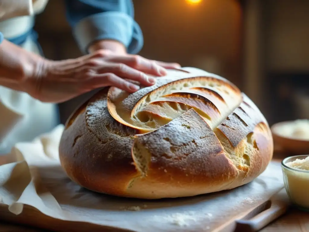 Artesano del pan amasando masa de sourdough Unas manos expertas moldeando un pan perfecto con masa madre, en una cocina italiana tradicional