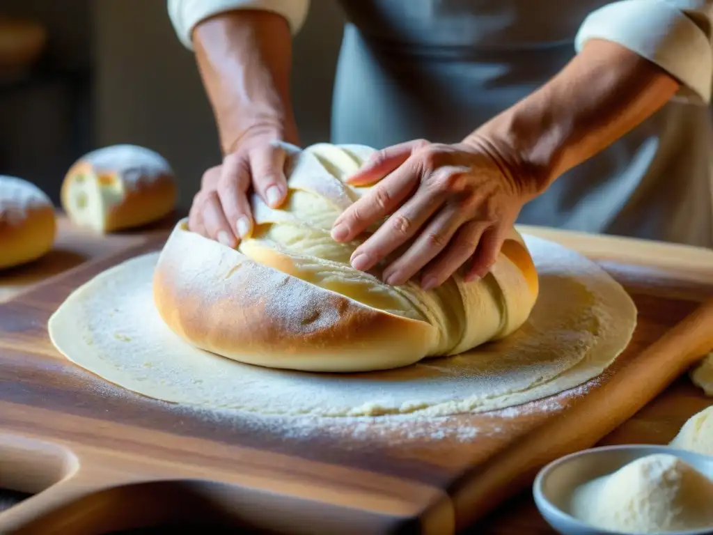 Las manos expertas de un panadero italiano moldeando con destreza la receta auténtica del Pan de San Antonio