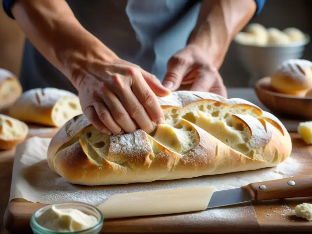 Las manos expertas del panadero crean la textura perfecta de la ciabatta