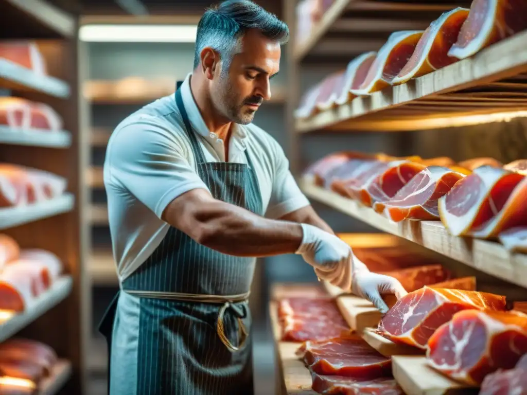 Manos expertas cortando Prosciutto di Parma en bodega tradicional