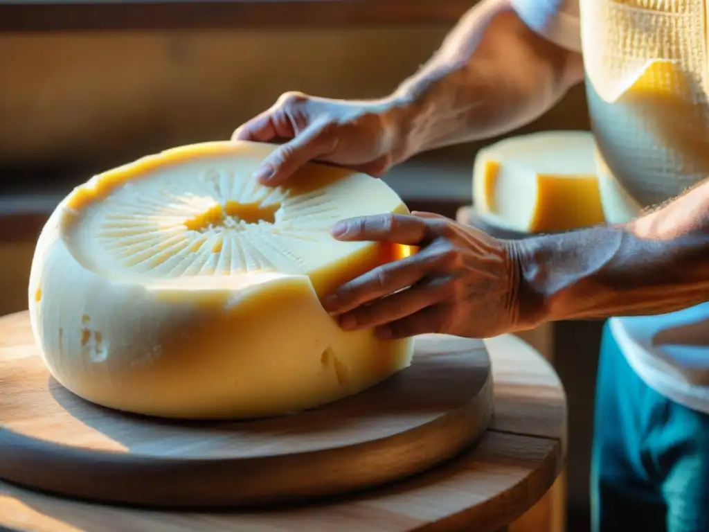 Manos expertas moldeando Parmigiano Reggiano, secretos de la cocina italiana