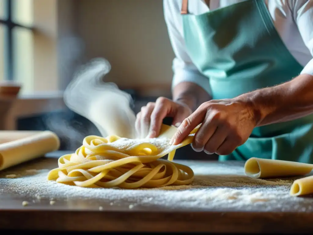 Manos expertas moldeando pasta artesanal italiana paso a paso, en una escena iluminada por la luz natural