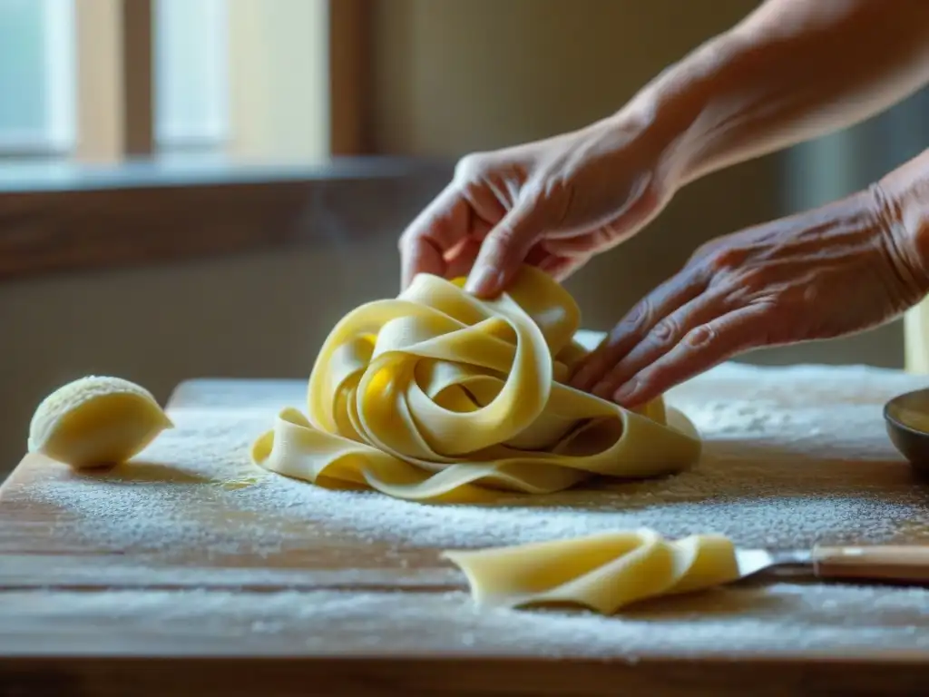 Manos expertas crean pasta fresca con dedicación y arte