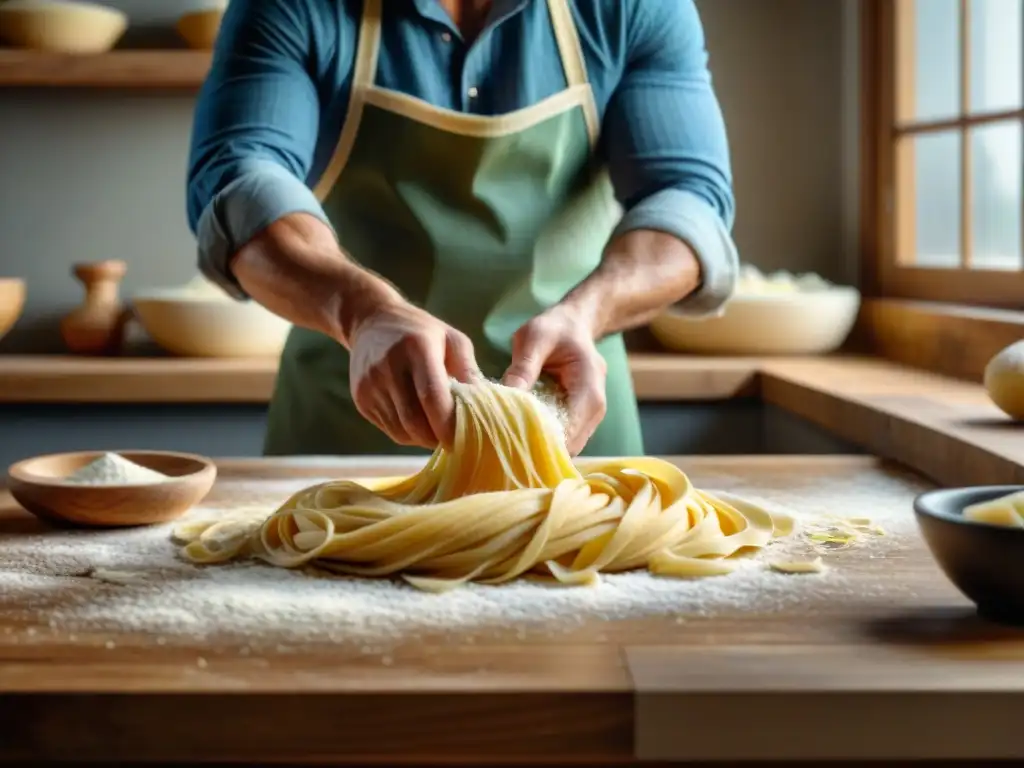 Manos expertas amasan pasta fresca en una encimera de madera, con harina en el aire y luz natural, revelando los Secretos de la pasta italiana