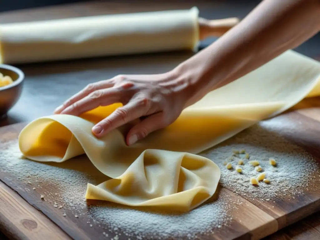 Manos expertas preparando pasta fresca con mole, evocando la tradición culinaria italiana