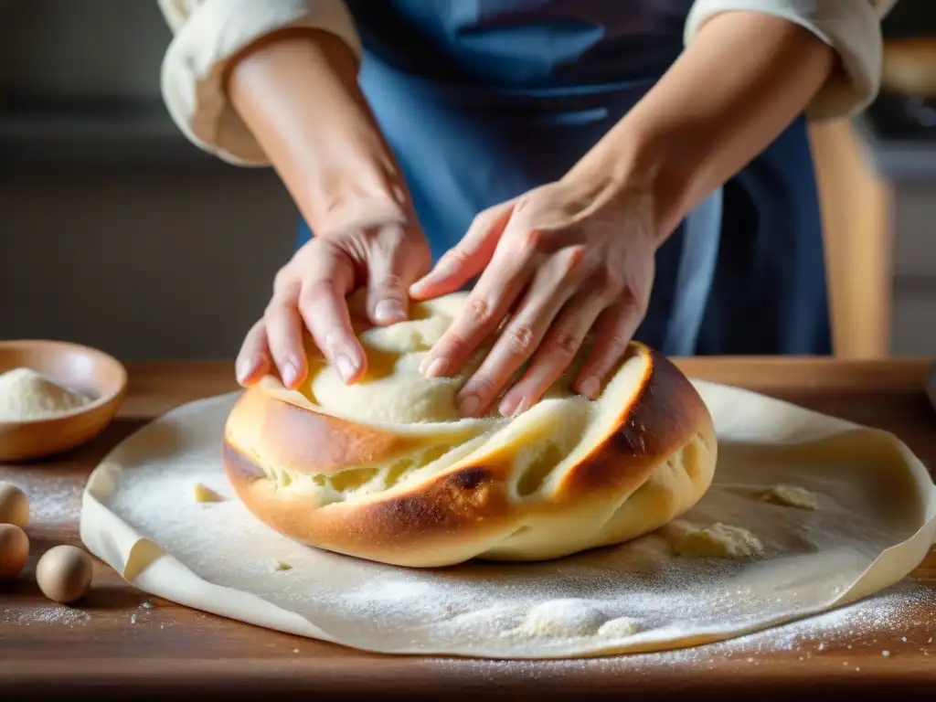 Unas manos expertas amasan con precisión una masa elástica en una superficie de madera enharinada, creando pan y focaccia italiana